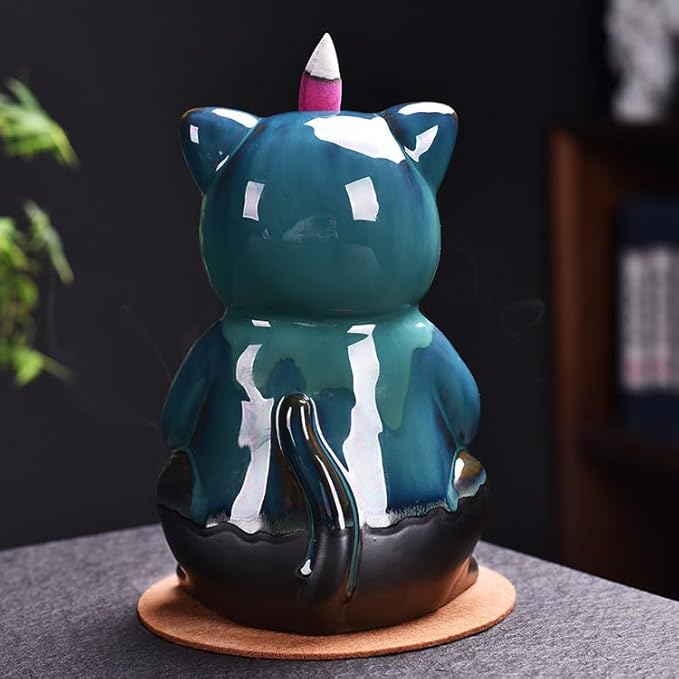 Cute Cat Animal Waterfall Backflow Incense Holder for Sticks,Ceramic Incense Burner with Mat,Tweezers for Home Aromatherapy Ornament Decor AI016 - Bloomnest