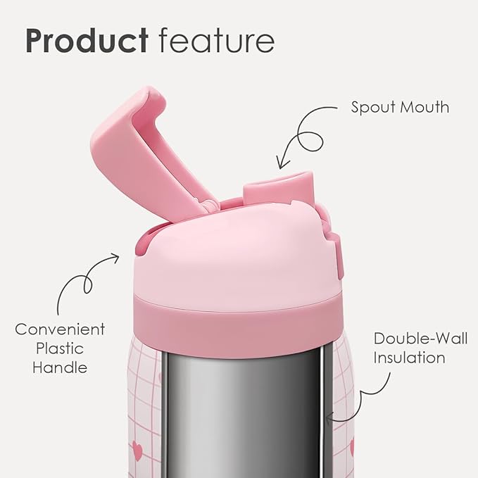 Heart Insulated Stainless Steel Water Bottle with Straw for Sports and Travel, 32oz, Gifts for Women Girls Friends Teens Birthday Christmas (Grid Background) - Bloomnest