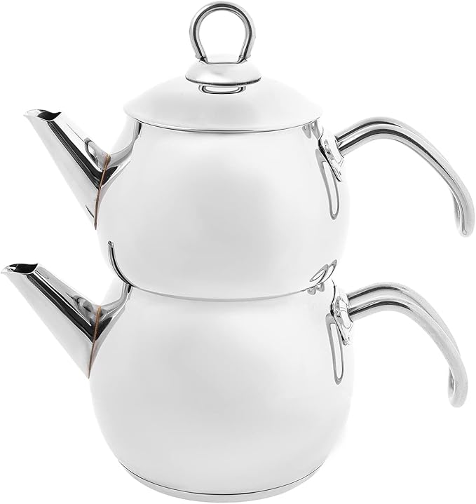 Karaca Adelya Stainless Steel Induction Teapot Set with 0.65L Teapot & 1.1L Tea Kettle, Traditional Turkish Tea Set Brewing System, Dishwasher Safe, Silver - Bloomnest