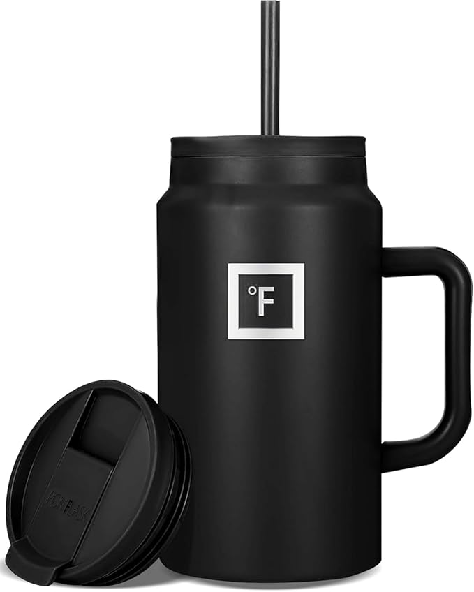 IRON °FLASK Co-Pilot Insulated Mug w/Straw & Flip Cap Lids - Cup Holder Bottle for Hot, Cold Drink - Leak-Proof - Water, Coffee Portable Travel Mug - Black, 50 Oz - Bloomnest