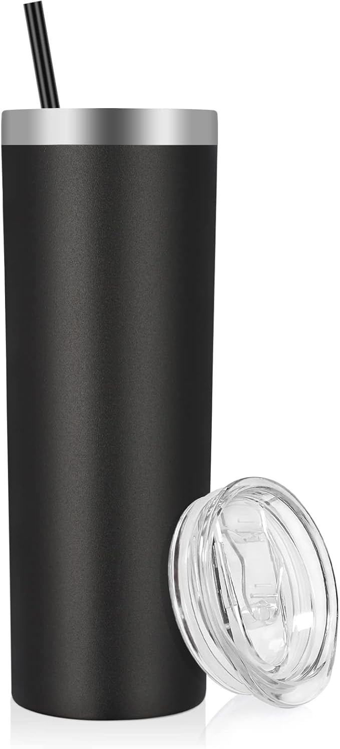 VEGOND Stainless Steel Skinny Tumbler, 20 oz Vacuum Insulated Tumbler with Lid and Straw, Double Wall Coffee Cup, Travel Mug for Cold Hot Drinks, Black 1 Pack - Bloomnest