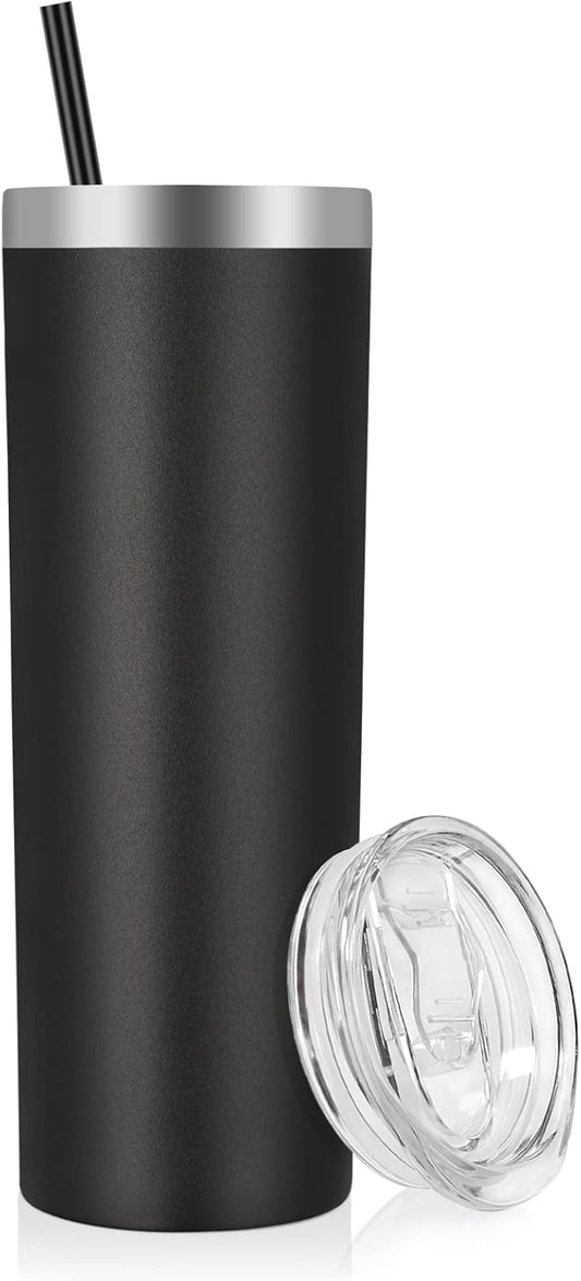 VEGOND Stainless Steel Skinny Tumbler, 20 oz Vacuum Insulated Tumbler with Lid and Straw, Double Wall Coffee Cup, Travel Mug for Cold Hot Drinks, Black 1 Pack - Bloomnest