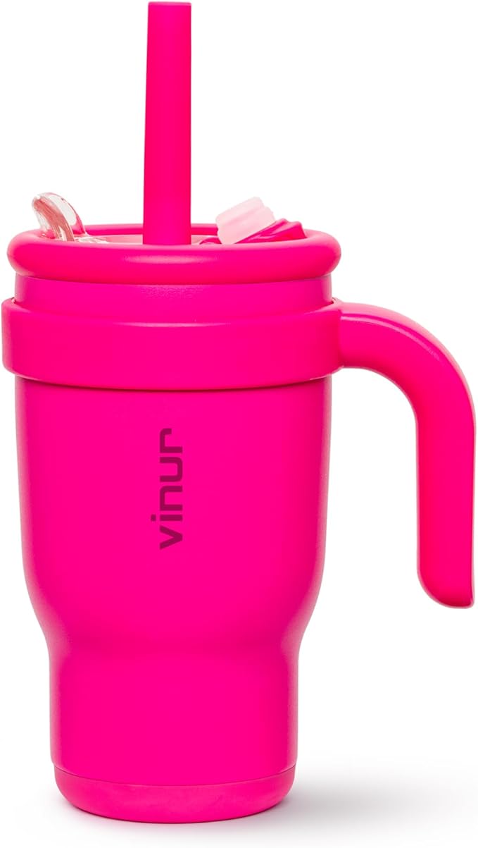 VINUR 14 oz Kids Tumbler with Handle Stainless Steel Double Wall Vacuum Insulated Tumbler Travel Water Drink Cup with Lid and Straw(Rose Pink) - Bloomnest