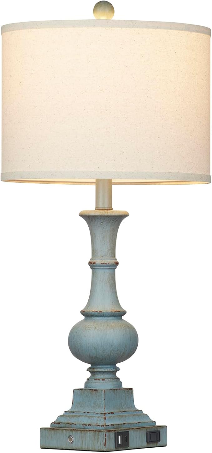 Farmhouse Table Lamps Set of 2, 26" Vintage Rustic Touch Control 3-Way Dimmable Bedside Lamp with USB A+C Ports & AC Outlet, Blue Nightstand Lamp for Living Room Bedroom End Table(LED Bulbs Included) - Bloomnest