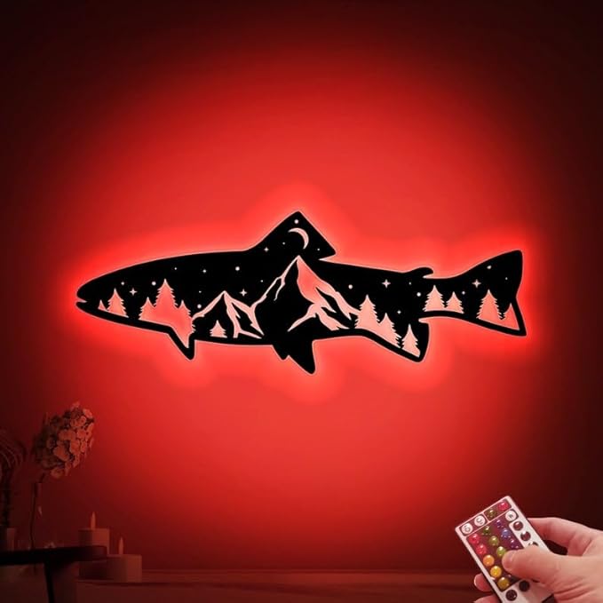 Personalized Neon Sign, Trout Fish Mountain Metal Wall Art Led Light, Fishing Gifts for Men, Gift for Dad, Fish and Trees Sign, Cabin Lodge Decor, Fisherman Gift - Bloomnest