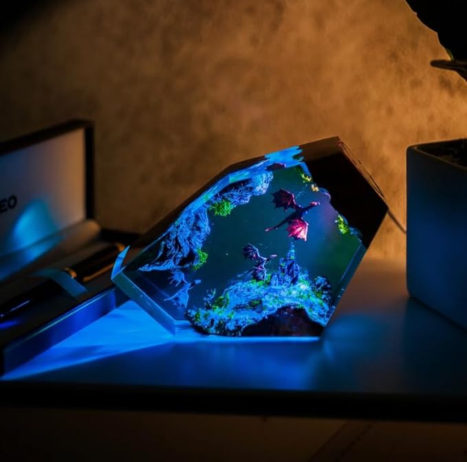 Handcrafted Ocean Scene Night Light, LED Resin Art Lamp with Sea Turtles and Divers, Decorative Table Lamp, Wooden Base (Dragons) - Bloomnest