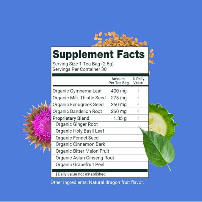 Herbaly Glucose Functional Tea - Vitality & Wellness - Gymnema Sylvestre, Ceylon Cinnamon, Bitter Melon, Dandelion Root, Fenugreek - Daily Teas - Organic Plant-Based Tea Bag Pyramids - 30 ct - Bloomnest