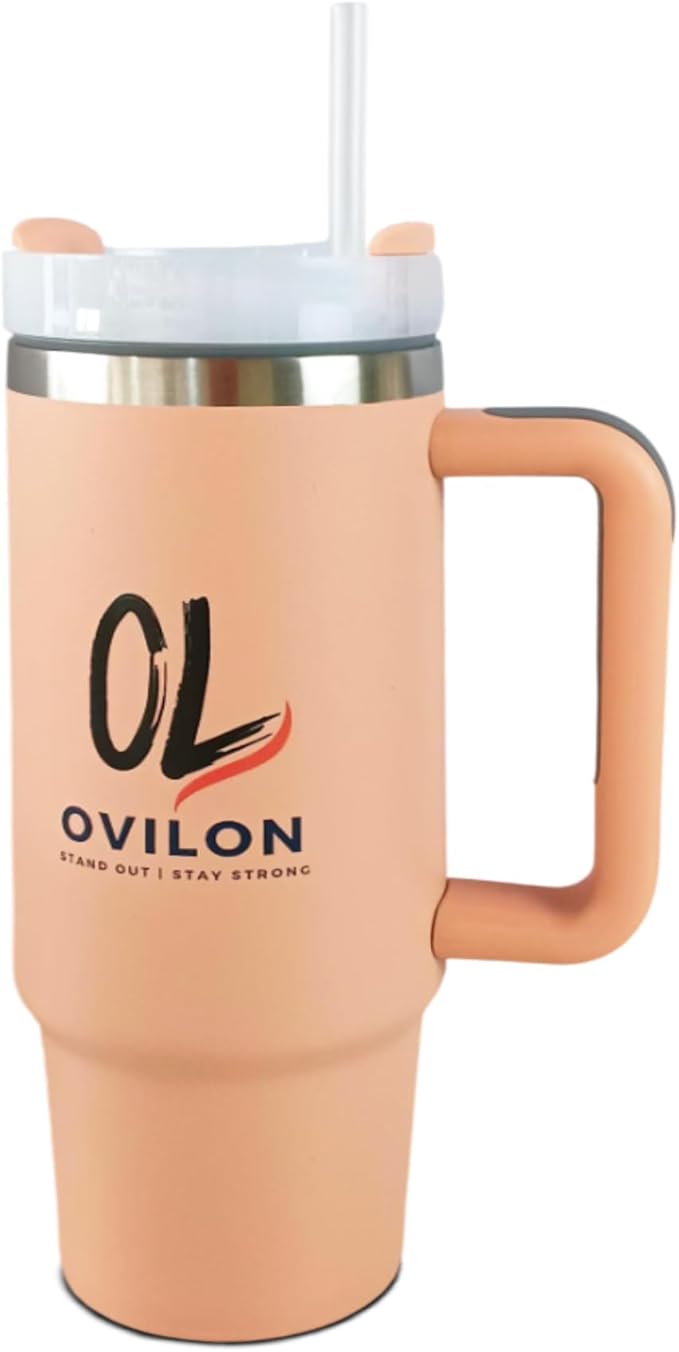 Ovilon Premium Travel Tumbler with Handle – Insulated Hot & Cold Drink Cup, Easy Grip, Leak-Proof Lid, Stainless Steel Mug (Coral Pink, 30oz) - Bloomnest