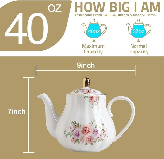 Sweejar Royal Teapot, Ceramic Tea Pot with Removable Stainless Steel Infuser, Blooming & Loose Leaf Teapot (Rose Flower, 40 Ounce) - Bloomnest