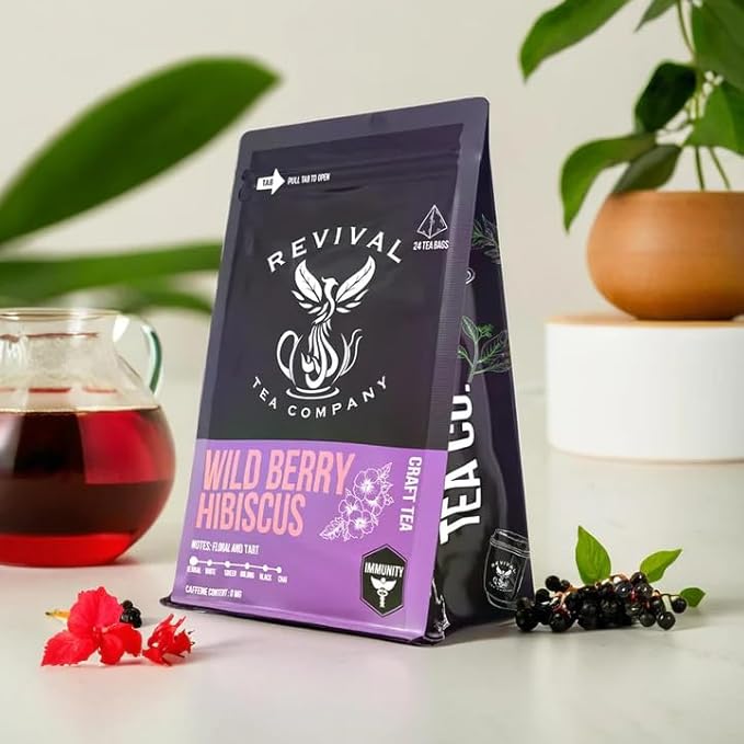 Revival Tea Company Wild Berry Hibiscus Tea - Herbal Tea Blend with Elderberry and Natural Wild Berry Flavor - Caffeine Free - 24 Tea Bags - Bloomnest