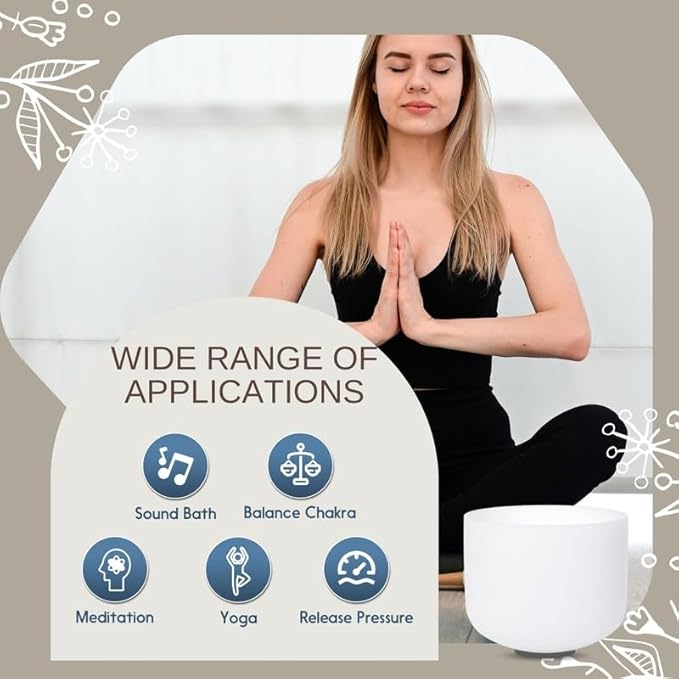 8 inch White E Note Solar Plexus Chakra Quartz Crystal Singing Bowl, for Healing Mindfulness Meditation Yoga Sound Baths, with Rubber Mallet O-ring - Bloomnest