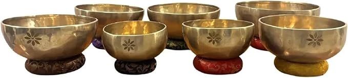 7 Chakra Singing Bowl Set – Tibetan Singing Bowl Set of 7 – Handcrafted Healing Bowls (5"–10") – Chakra Symbols with Lotus Flower Carving – Meditation & Sound Therapy Bloomnest