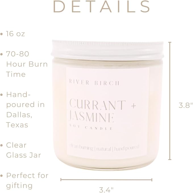 River Birch Candles Currant Jasmine Scented Candle | Premium, All-Natural, Non-Toxic, Soy Candles | 16oz 90 Hr Burn Time | Cozy Relaxing Gifts for Home - Bloomnest