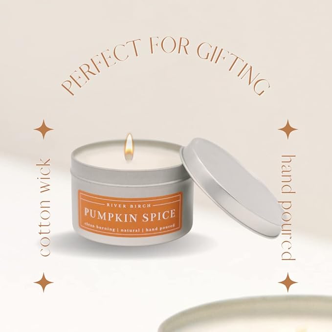 River Birch Candles Pumpkin Spice Scented Candle | Premium, All-Natural, Non-Toxic, Soy Candles | 8 oz. Silver Tin Travel Candle | Cozy Relaxing Gifts for Home - Bloomnest