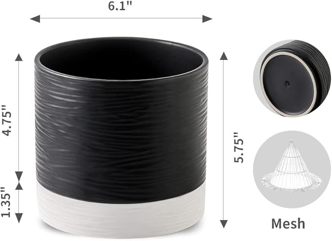 Nihow Ceramic Plant Pot: 6 Inch Planter with Drainage Hole & Saucer for Indoor & Outdoor Plants - Cylinder Round Flower Pot for Succulent/Herbs/Violets - Black & White - Bloomnest