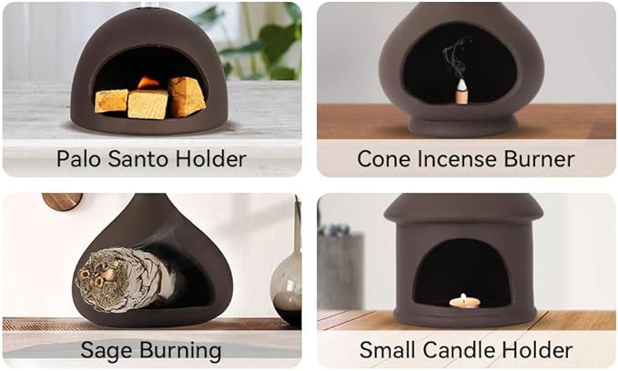 Palo Santo Holder, Sage and Palo Santo Stick Burner Holder, Chiminea Incense Holder, Handmade Ceramic Smudge Bowl, Ash Catcher with Mini Chimney, for Energy Cleansing, Yoga, Meditation Relaxation - Bloomnest
