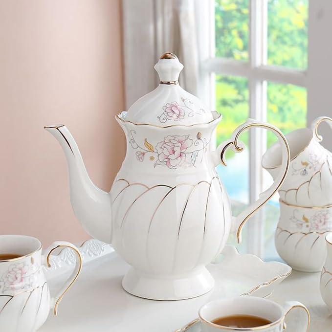 14-Pieces Porcelain Teapot Set Ceramic Coffee Cup Teacup with Gold Spoon Tea Party Tray Holder Gift Sets - Bloomnest