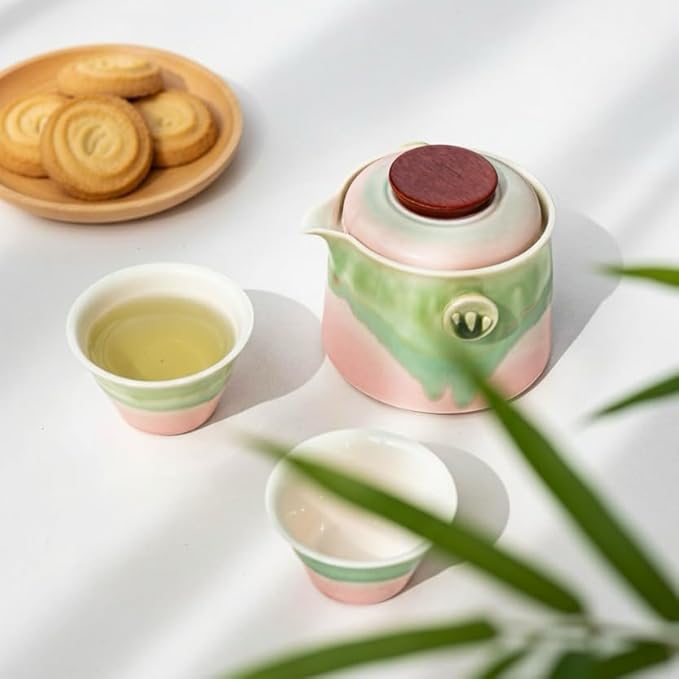 Hermit Life Chinese Travel Tea Set, Portable Ceramic Teapot for One to Two, Gongfu Tea Set with Color Gradient Design, 1 Pot 2 Cups, Gift for Tea Lovers (Pink&Pistachio Green) - Bloomnest