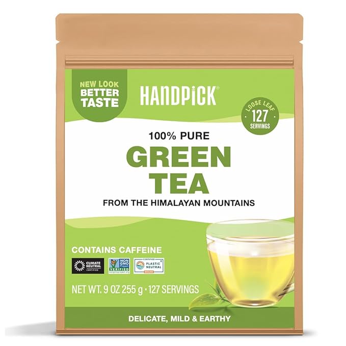 HANDPICK, Green Tea Loose Leaf (255g/9oz) 127 Cups | Non-GMO, 100% Pure Green Tea Leaves Sourced from Himalayas, India | Resealable Ziplock Pouch - Bloomnest