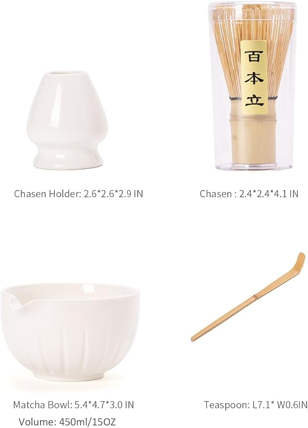 TANG PIN Matcha Set - Match Bowl and Whisk,15 OZ, Matcha Scoop | Matcha Whisk Stand (Chasen Holder) - 4pc Perfect Matcha Kit for Matcha Tea Ceremony (White) - Bloomnest