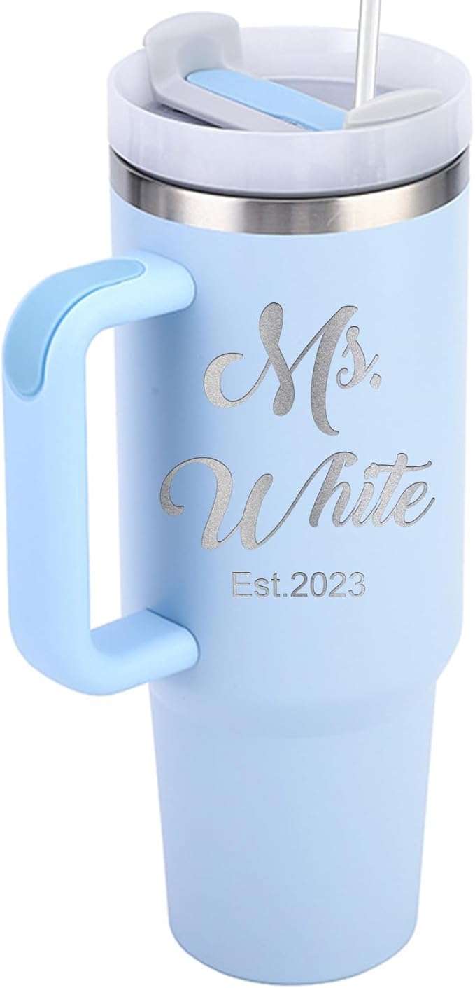 Personalized Tumbler with Handle, Custom 40oz Insulated Stainless Steel Tumblers Travel Mug Coffee Cup with Engraved Name and Straw Lid, Personalized Gifts for Women Men Him Her - Bloomnest
