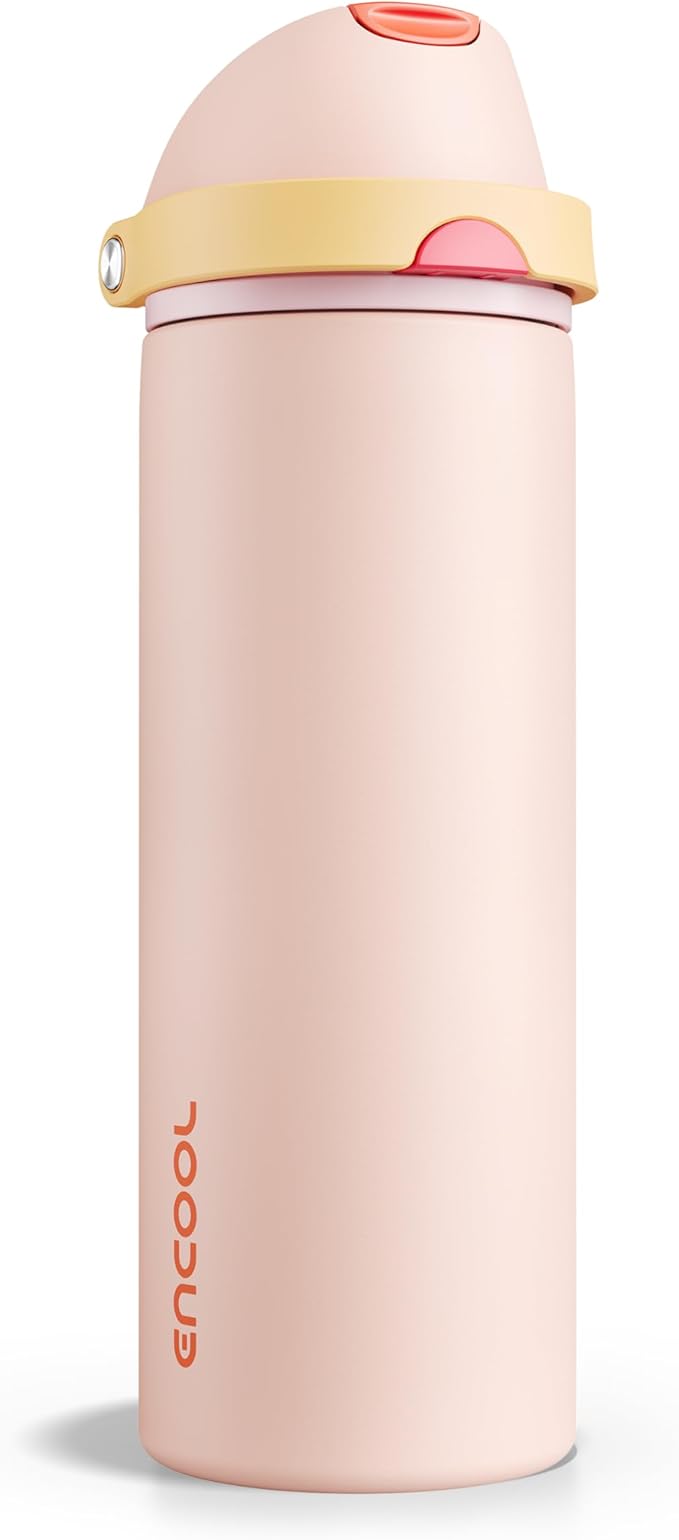 Insulated Water Bottle with Straw - Encool Stainless Steel Water Bottle with Push Button Lid, Leak-Proof & BPA-Free, Keeps Cold for 24 Hours for Sports, Travel, Gym (24 oz, Pink Daisy-Red) ENCOOL