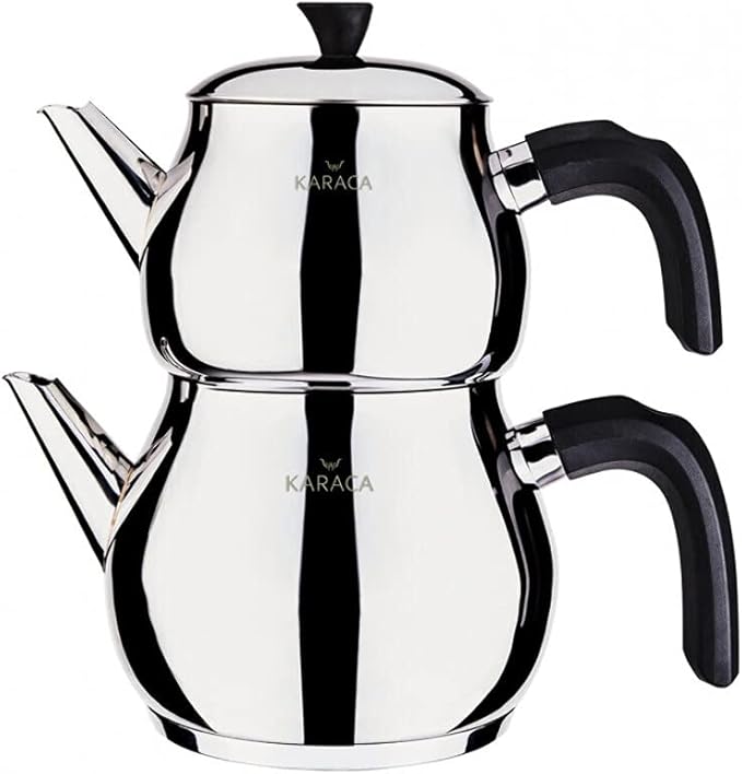 Karaca Kayra Teapot Set, Stainless Steel, Tea Pot 33 oz, Kettle 59 oz, Black Silver, Suitable for Induction, Tea Maker, Kettle, Turkish Tea Kettle - Bloomnest