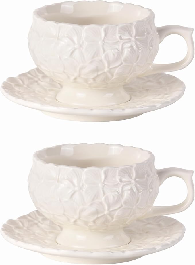 KAMMAK Tea Cups and Saucers Set of 2, Porcelain Coffee Cups, 8.5-Ounce Stackable Espresso Mugs, Ceramic Demitasse for Coffee, Latte, Americano, Tea, White Flower - Bloomnest