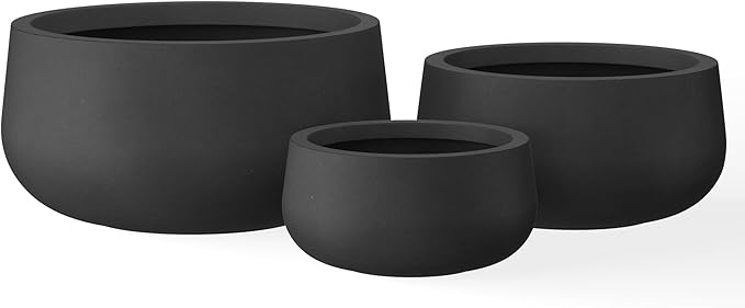 Kante 19.6",15.7",11.8" Dia Round Concrete Planters Set of 3, Outdoor Indoor Garden Plant Pots with Drainage Hole and Rubber Plug, Modern Curvaceous Design, Black - Bloomnest