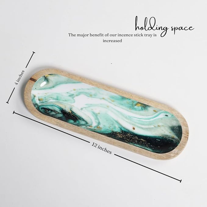 The Art Box Hand-Painted Incense Burner Holder Aquamarine - 12x4x1 inch Wooden Long Incense Stick Tray Holder for Modern Gift, Ash Catcher Incense Stick Holder - Meditation & Yoga - Bloomnest