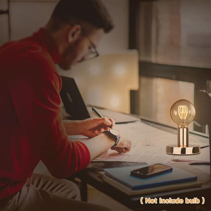 Helunsi Industrial Table Lamp, Gold E26 E27 Base Without Shade, Mini Short Desk Lamp Exposed Bulb, Simple Metal Edison Light Bulb Stand, 5.8ft Cord Switch Plug Holder - Bloomnest
