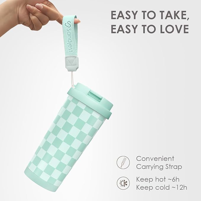 Checkered Tumbler - Stainless Steel 2-in-1 Lid Coffee Tumbler 18 oz, Checker Insulated Travel Mug Gift for Women Girls Teens, Birthday Christmas (Mint) - Bloomnest