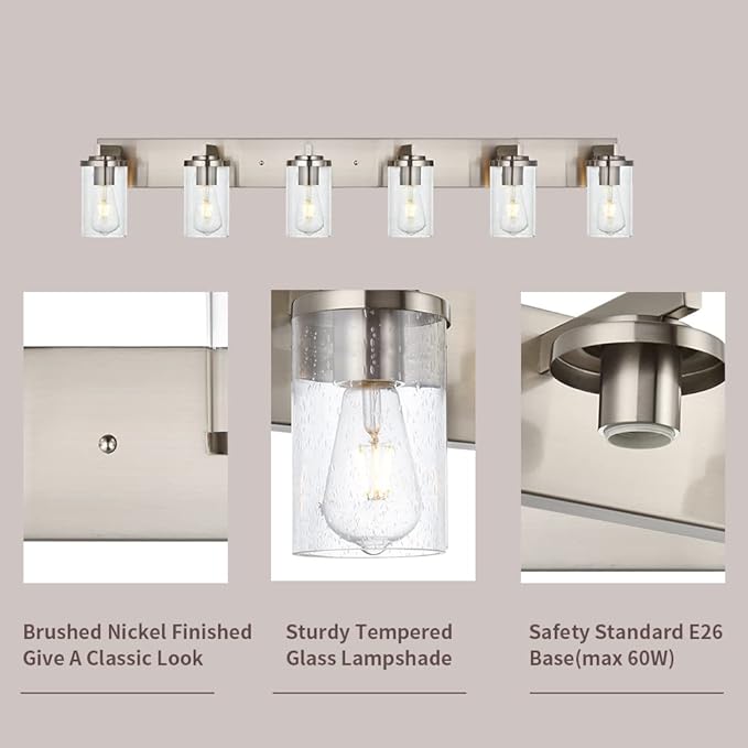 BONLICHT Modern Bathroom Vanity Light Fixtures Brushed Nickel Finished 6-Light with Seeded Glass Bathroom Lighting Industrial Sconces Wall Mount Lamp for Living Room Dining Room Kitchen Entryway - Bloomnest