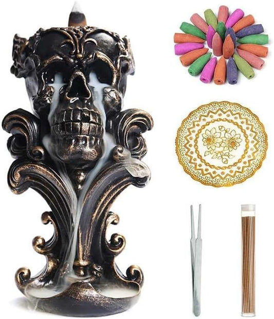Comeon Backflow Incense Holder Burner Resin Skull Incense Burner Waterfall Incense Burner Home Decor + 20 Backflow Incense Cones + 30 Incense Sticks +1 Tweezer +1 Mat（Metallic Gold） - Bloomnest