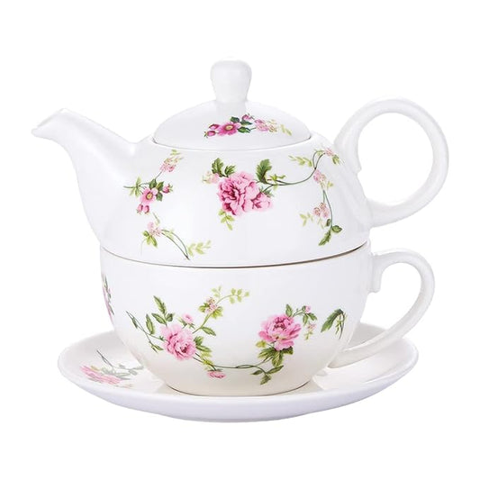 Porcelain Tea for One Set, Floral Ceramic Tea for One Teapot and Cup Set, 12oz Rattan Flowers Tea Set Gift for women - Bloomnest