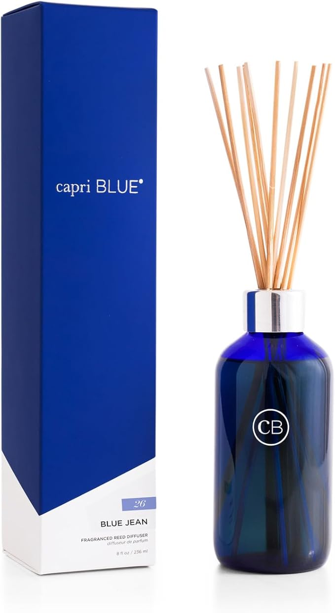 Capri Blue Blue Jean Reed Diffuser Set - Includes Reed Diffuser Sticks, Fragrance Oil, and Glass Bottle - Luxury Scented Room Fresheners - Cobalt Blue (8 fl oz) - Bloomnest
