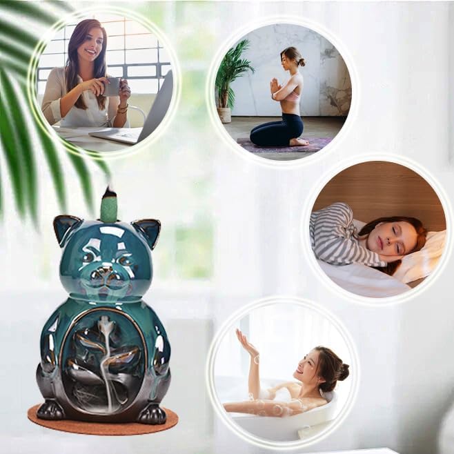 Cute Cat Animal Waterfall Backflow Incense Holder for Sticks,Ceramic Incense Burner with Mat,Tweezers for Home Aromatherapy Ornament Decor AI016 - Bloomnest