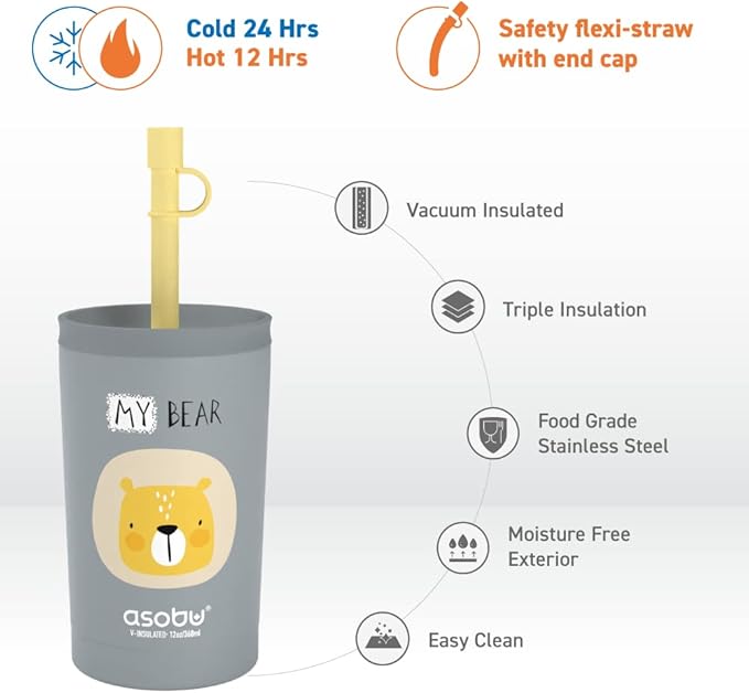 asobu Stainless Steel Kids Tumbler with Flexible Straw Lid | Insulated Water Bottle | Reusable Travel Cup 12 Ounce (Grey) - Bloomnest