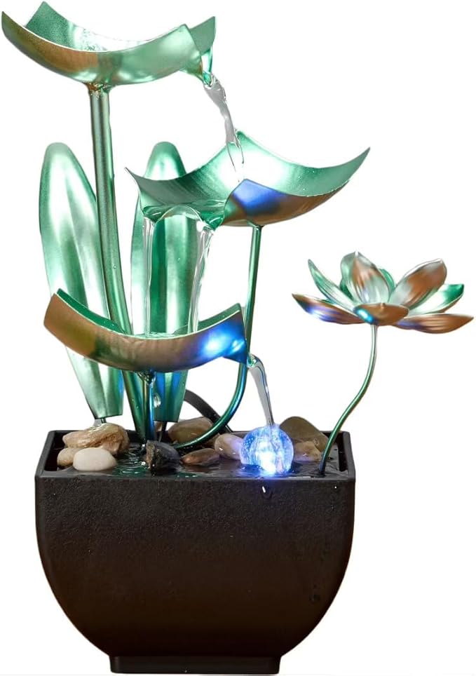 Tabletop Water Fountain: 3-Tier Tabletop Fountain Lotus Desk Relaxation Home Decor - Blooms and Leaves Flowing Water for Relaxing Décor Green - Bloomnest