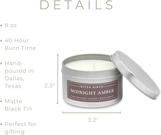 River Birch Candles Midnight Amber Scented Candle | Premium, All-Natural, Non-Toxic, Soy Wax | 8 oz. Silver Travel Tin | Cozy Relaxing Gifts for Home - Bloomnest