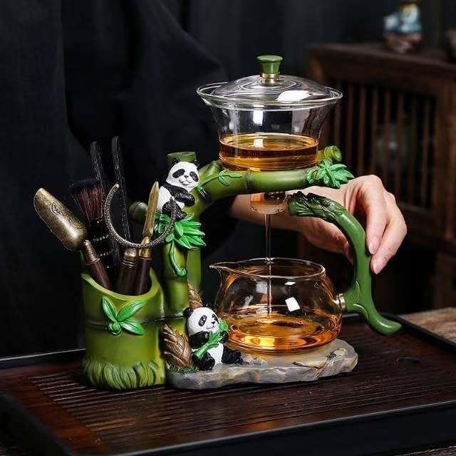 Tea Infuser Lazy Kungfu Magnetic TeaPot Semi-Automatic Drip Glass Teapots Panda Heat-Resistant Tea Maker Set(Iclude Six Gentlemen of Tea Set)