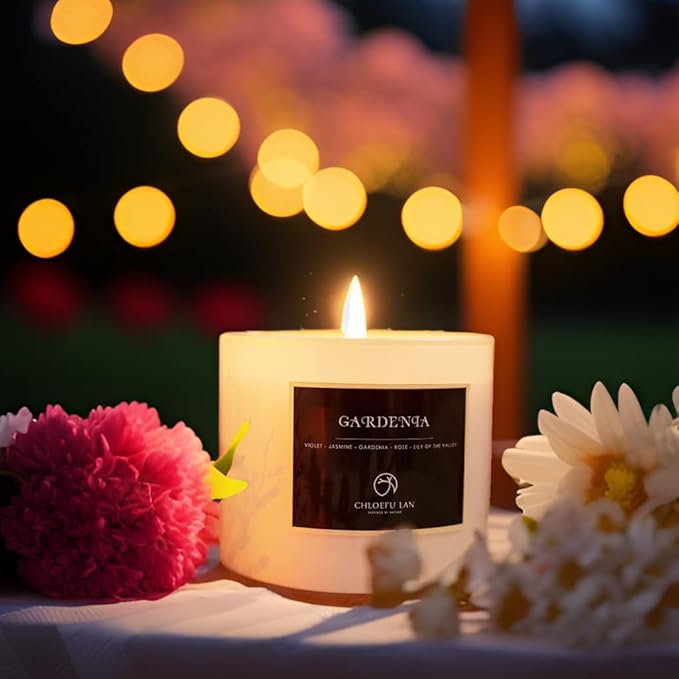 Chloefu LAN Premium Gardenia Scented Candle for Men & Women, Highly Scented, 7.1oz|45 Hour Long Lasting, All Natural Soy Candles, Home Decor, White Glass Jar Candle with Gift Box - Bloomnest