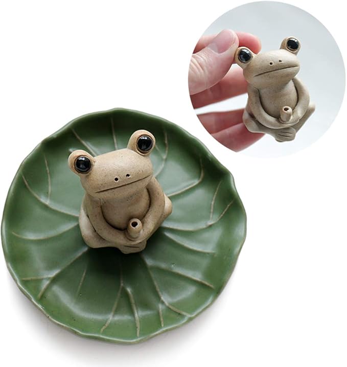 NAGU 100% Handmade Ceramic Stick Incense Burner Holder,Small Frog Incense,Lotus Leaf Tray,Mini Cute Animal Statue Home Incense Burner - Bloomnest