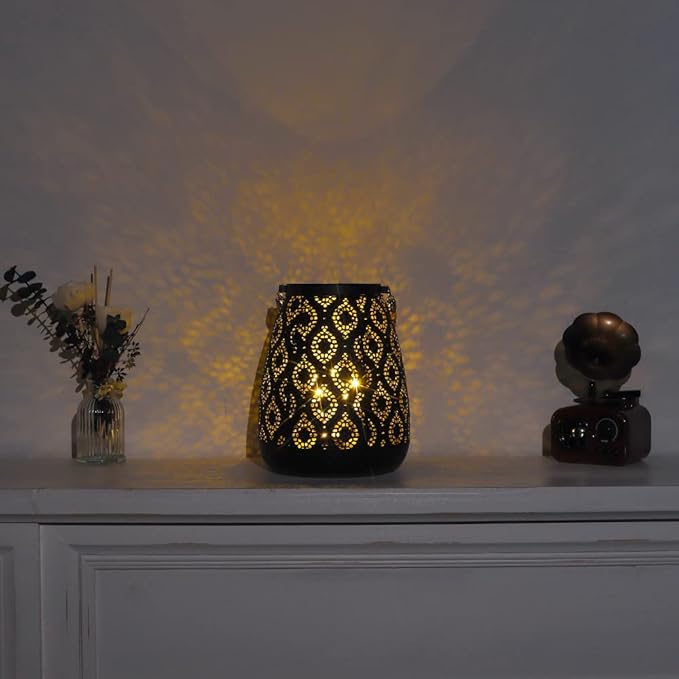 TRIROCKS Moroccan Style Metal Lamp 8''H Battery Operated Cordless Table Lamp Vintage Lantern for Living Room Garden Yard Patio Parties Event Indoors Outdoors (Black with Gold Brush) - Bloomnest