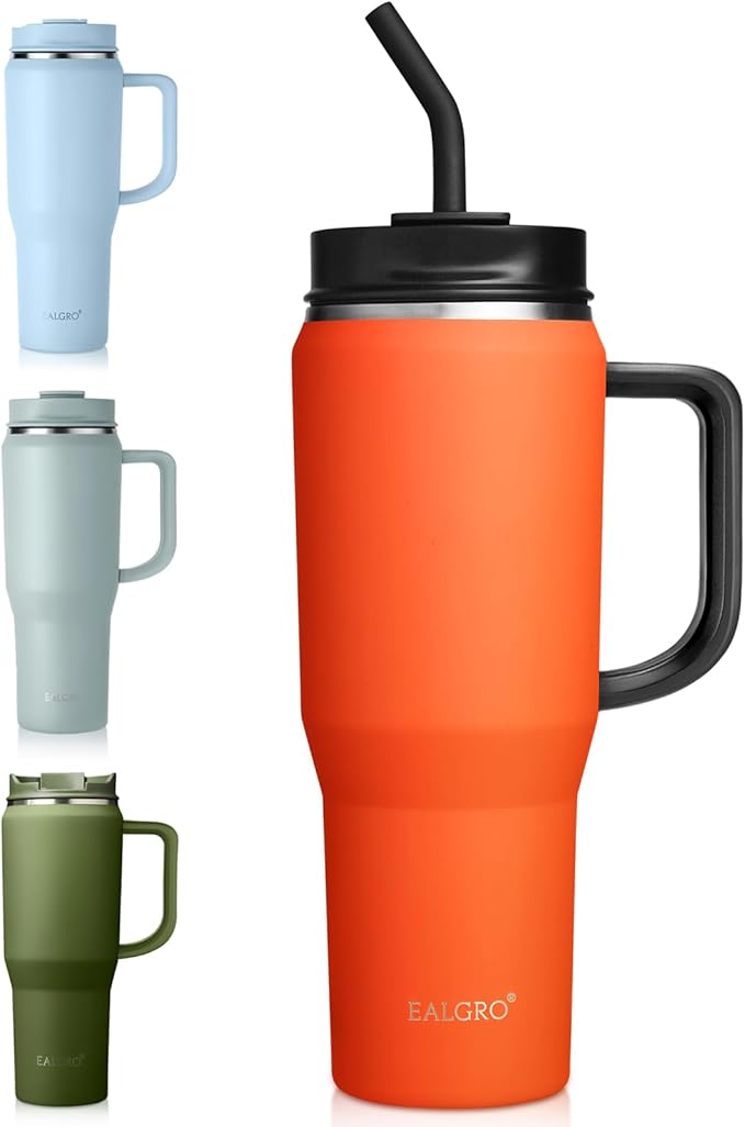 40 oz Tumbler with Handle, Insulated Tumblers with Lid and Straw, Large Metal Sports Water Bottle Jug, Thermal Stainless Steel Travel Coffee Mug Cup, Orange Red - Bloomnest