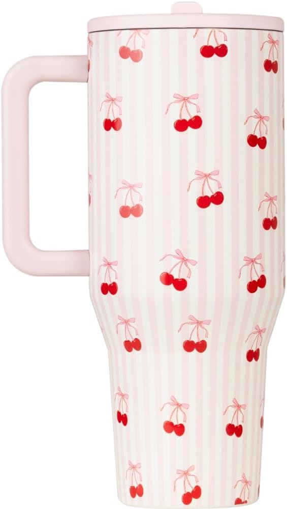 HydroJug Traveler - 40 oz Water Bottle with Handle & Flip Straw - Fits in Cup Holder, Leak Resistant Tumbler-Reusable Insulated Stainless Steel & Rubber Base - Gifts for Women & Men, Sweet Cherry - Bloomnest
