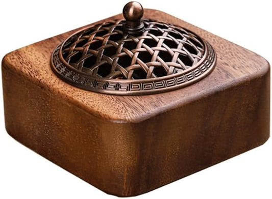 Square Incense Burner Holder - 4" Handcrafted Walnut Wood Censer with Metal Alloy Lid | Natural Incense Stick/Bowl Tray for Yoga & Meditation | Luxury Home Decor Gift for Zen Lovers