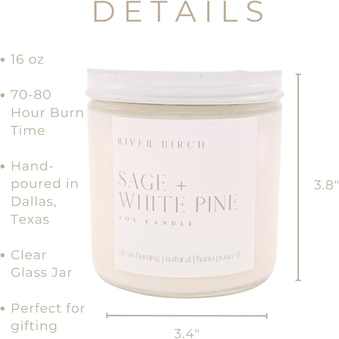 River Birch Candles Sage + White Pine Scented Candle | Premium, All-Natural, Non-Toxic, Soy Candles | 16oz 90 Hr Burn Time | Cozy Relaxing Gifts for Home - Bloomnest
