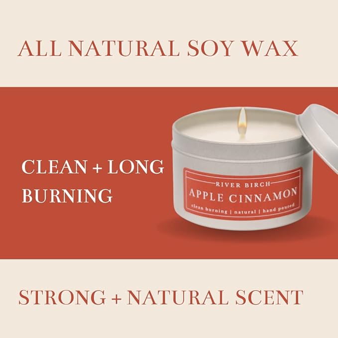 River Birch Candles Apple Cinnamon Scented Candle | Premium, All-Natural, Non-Toxic, Soy Candles | 8 oz. Silver Tin Travel Candle | Cozy Relaxing Gifts for Home - Bloomnest