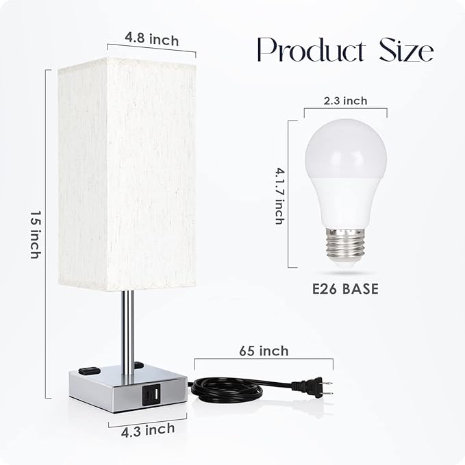 Bedside Lamp with USB Ports - Touch Control Table Lamp for Bedroom with USB C+A Charging Ports & AC Outlets, 3 Way Dimmable Nightstand Light for Living Room (LED Bulb Included, Chrome - Flaxen) - Bloomnest